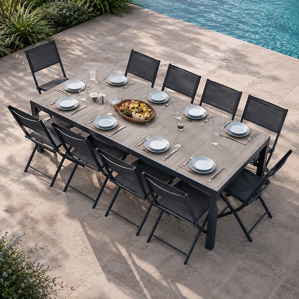 CONCEPT USINE - Ensemble table de jardin 200 cm en aluminium et 10 chaises pliantes LAGOS - large