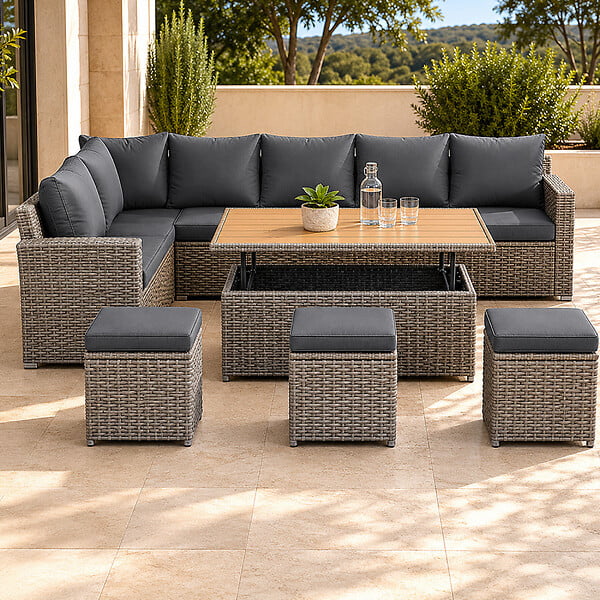 CONCEPT USINE - Salon de jardin modulable 9 places en résine tressée avec table relevable effet bois SAHARA - large
