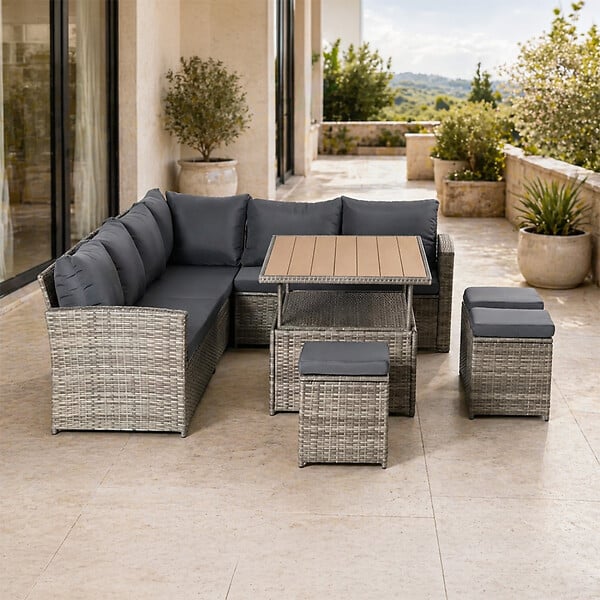 CONCEPT USINE - Salon de jardin modulable 9 places en résine tressée avec table relevable effet bois SAHARA - large