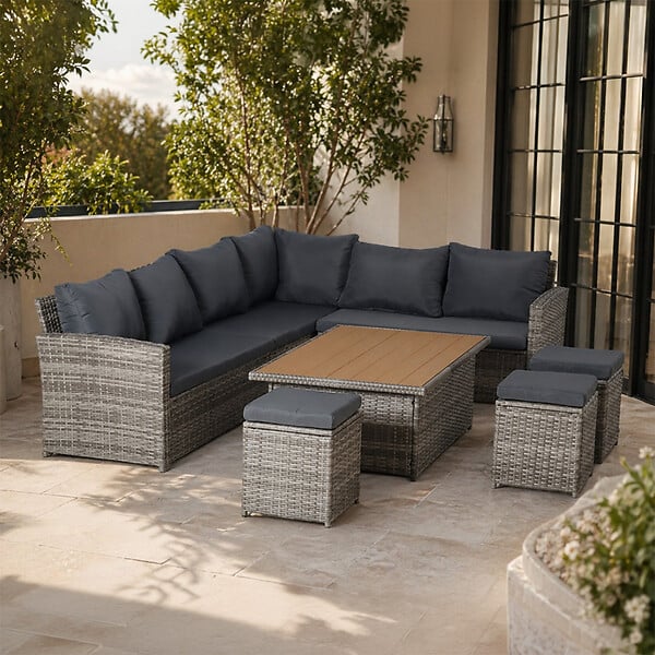CONCEPT USINE - Salon de jardin modulable 9 places en résine tressée avec table relevable effet bois SAHARA - large