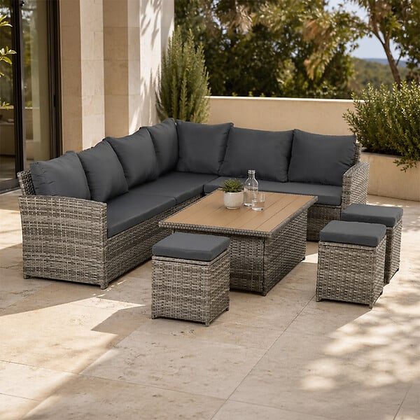 CONCEPT USINE - Salon de jardin modulable 9 places en résine tressée avec table relevable effet bois SAHARA - large
