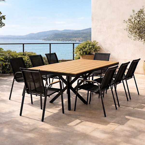 CONCEPT USINE - Ensemble de jardin table 190cm effet bois + 8 fauteuils ALMADA - large