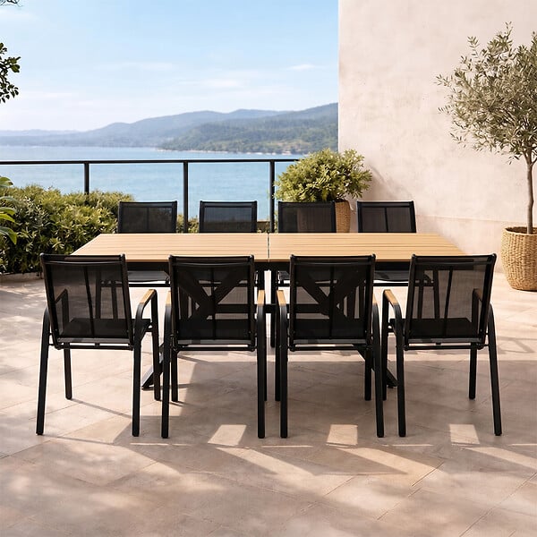 CONCEPT USINE - Ensemble de jardin table 190cm effet bois + 8 fauteuils ALMADA - large