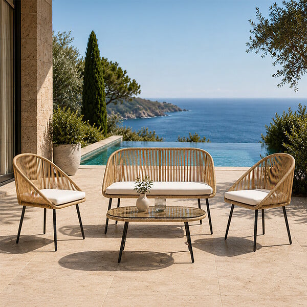 CONCEPT USINE - Salon de jardin 4 places avec table basse effet rotin naturel RAVELLO - large
