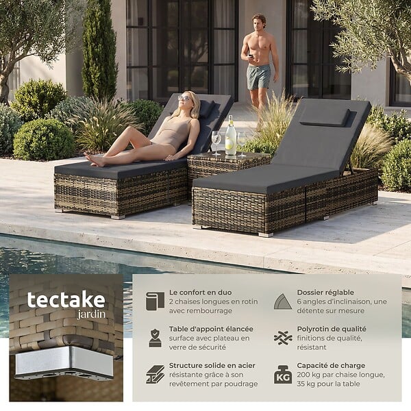 TECTAKE - Chaise longue double rotin naturel extérieur dossier réglable avec table et verre - large