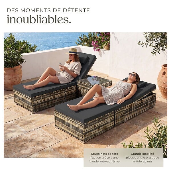 TECTAKE - Chaise longue double rotin naturel extérieur dossier réglable avec table et verre - large