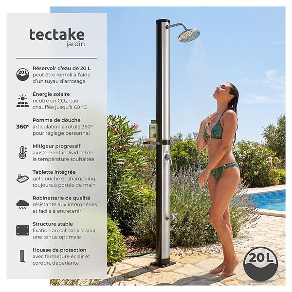 TECTAKE - Douche solaire extérieure écologique en noir et gris avec pommeau pivotant 360° et porte-savon - large