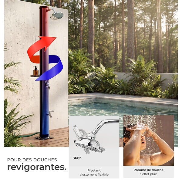 TECTAKE - Douche solaire extérieure écologique en noir et gris avec pommeau pivotant 360° et porte-savon - large