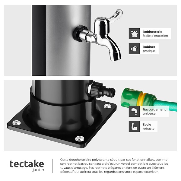 TECTAKE - Douche solaire extérieure écologique en noir et gris avec pommeau pivotant 360° et porte-savon - large