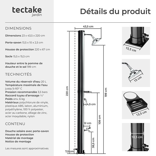 TECTAKE - Douche solaire extérieure écologique en noir et gris avec pommeau pivotant 360° et porte-savon - large