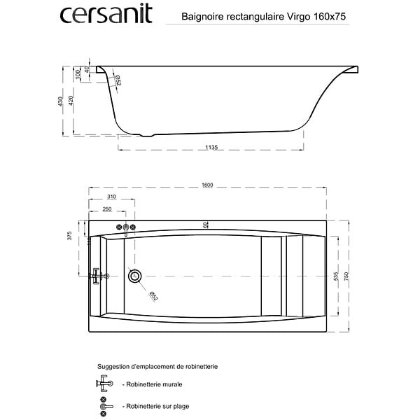 CERSANIT - Baignoire rectangulaire 160x75 cm VIRGO encastrable en acrylique + tablier central - large
