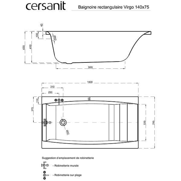CERSANIT - Baignoire rectangulaire 140x75 cm VIRGO encastrable en acrylique + tablier central - large