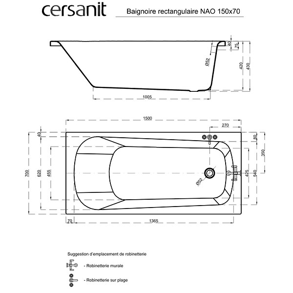 CERSANIT - Baignoire rectangulaire gain de place 150x70 cm NAO encastrable (SANS TABLIER) - large