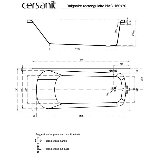 CERSANIT - Baignoire rectangulaire 160x70 cm NAO encastrable (SANS TABLIER) - large
