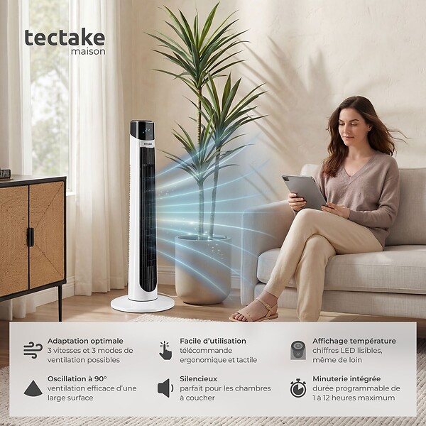 TECTAKE - Ventilateur colonne blanc silencieux économe énergie 3 modes 3 vitesses oscillation 90° écran tactile led - large