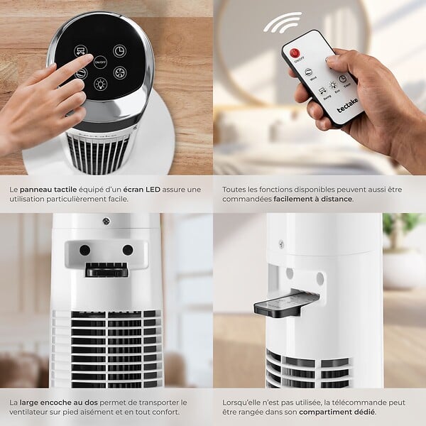 TECTAKE - Ventilateur colonne blanc silencieux économe énergie 3 modes 3 vitesses oscillation 90° écran tactile led - large