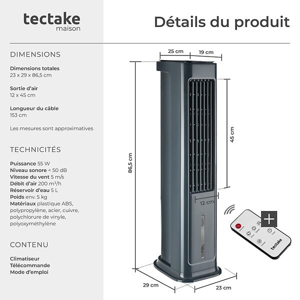 TECTAKE - Air cooler mobile 4 en 1 en abs gris anthracite 23 x 29 x 86,5 cm 5 l réservoir d eau 3 modes 3 vitesses - large