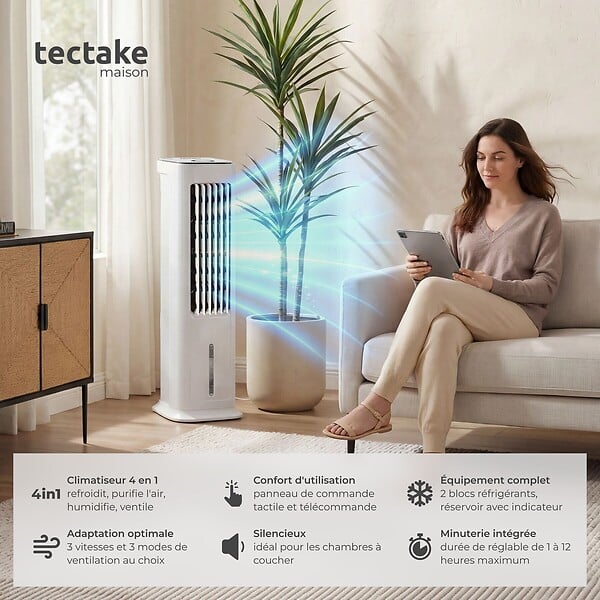 TECTAKE - Refroidisseur d'air Alaska 4 en 1, réservoir d'eau de 5 l, 3 modes, 3 niveaux blanc - large