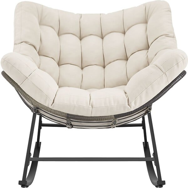 TECTAKE - Fauteuil à bascule rembourré motif matelassé beige structure en acier thermolaqué tressage rotin 93 x 99,5 x 89 cm - large
