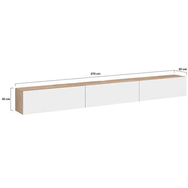 ID MARKET - Meuble TV 300 cm suspendu ELIO 3 portes bois et blanc - large