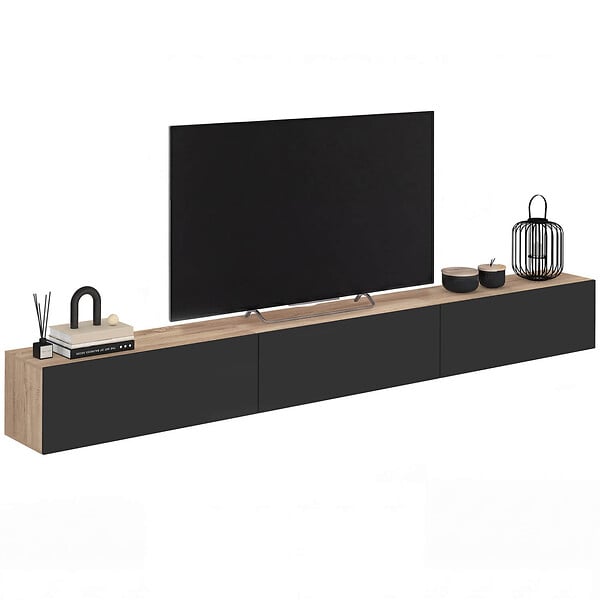 ID MARKET - Meuble TV 270 cm suspendu ELIO 3 portes bois et noir - large