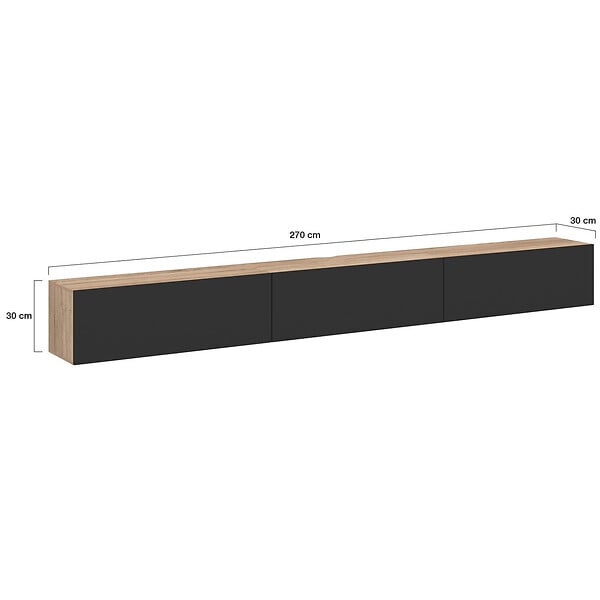 ID MARKET - Meuble TV 270 cm suspendu ELIO 3 portes bois et noir - large