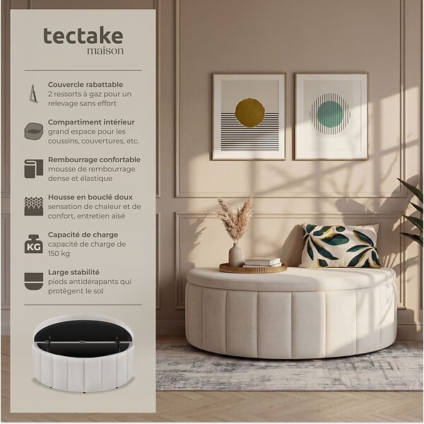 TECTAKE - Banquette rembourrée en velours taupe avec grand espace rangement 108x48x40 cm confort assise - large