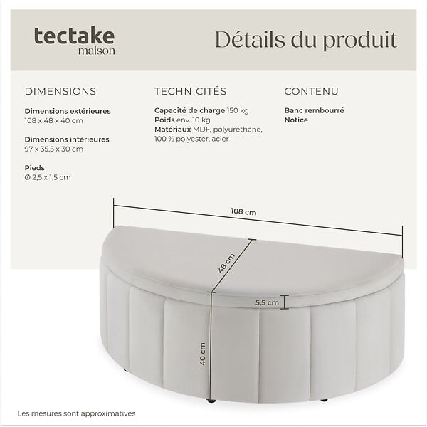 TECTAKE - Banquette rembourrée en velours taupe avec grand espace rangement 108x48x40 cm confort assise - large
