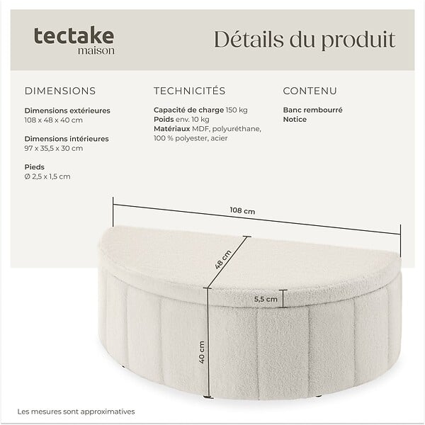 TECTAKE - Banc rembourré en bouclé crème moon avec grand espace rangement capacité charge 150 kg 108 x 48 x 40 cm - large