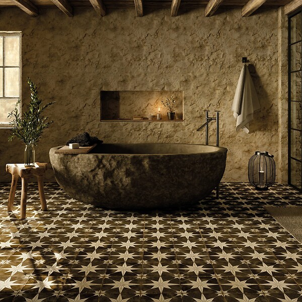 RO'MA NATURE - Carrelage Vintage effet Carreau ciment Etoile Blanche et Fond Noir 45x45x0,95 cm Sparta - Sol et mur intérieur (vendu par carton de 1 m²) - large
