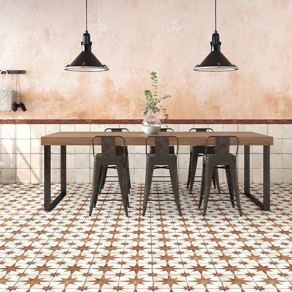 RO'MA NATURE - Carrelage Vintage effet Carreau ciment Etoile Orange et Fond Blanc 45x45x0,95 cm Sparta - Sol et mur intérieur (vendu par carton de 1 m²) - large