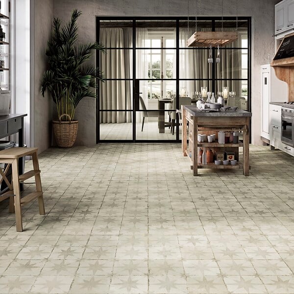 RO'MA NATURE - Carrelage Vintage effet Carreau ciment Etoile Blanche et Fond Blanc 45x45x0,95 cm Sparta - Sol et mur intérieur (vendu par carton de 1 m²) - large
