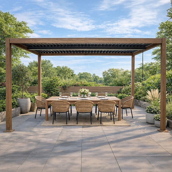 CONCEPT USINE - Pergola bioclimatique 4x3m structure aluminium lames orientables effet bois CORFU - large
