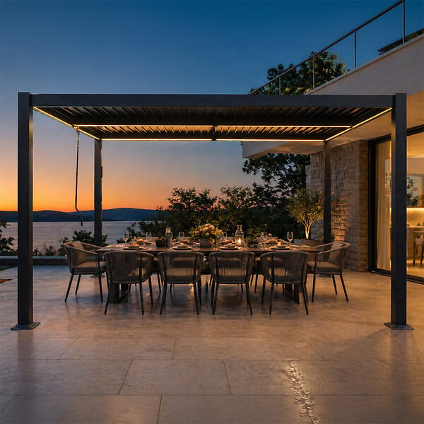 CONCEPT USINE - Pergola bioclimatique à LED 4x3m structure aluminium lames orientables CORFU - large