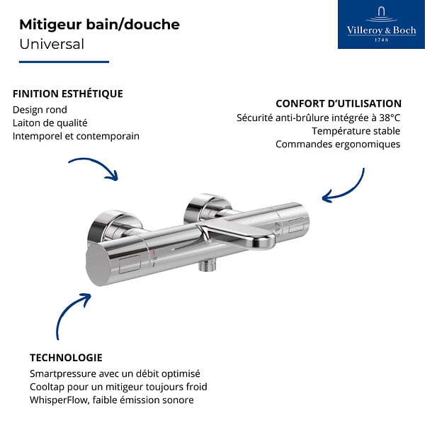 VILLEROY ET BOCH - Mitigeur bain douche thermostatique  Universal rond Chrome - large