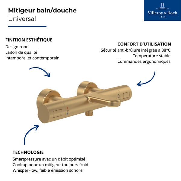 VILLEROY ET BOCH - Mitigeur bain douche thermostatique  Universal rond Or brossé - large