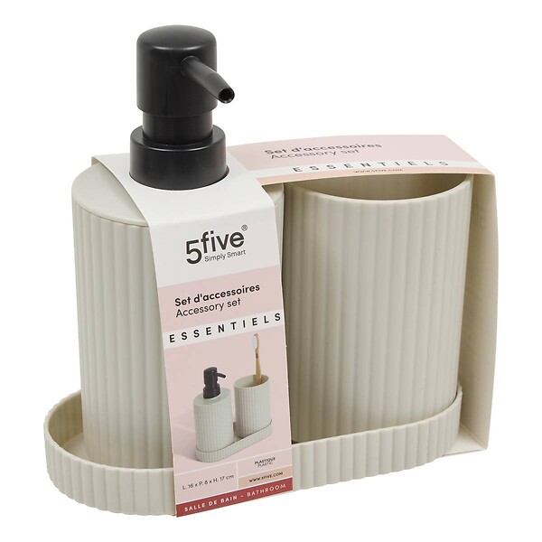 5 FIVE SIMPLY SMART - Lot distributeur de savon et gobelet strié beige - large