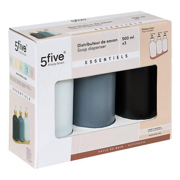 5 FIVE SIMPLY SMART - Lot de 3 distributeurs de savon 500 ml avec plateau bambou - large