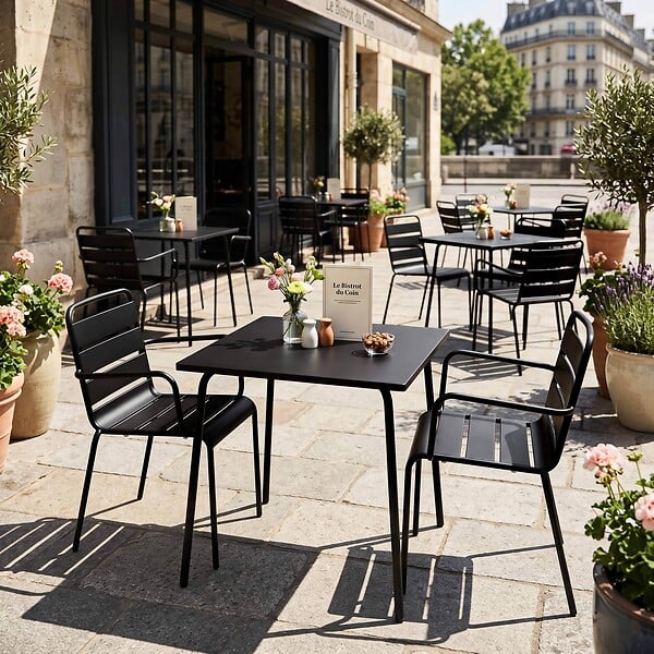 OVIALA - Ensemble table de jardin carrée et 2 fauteuils acier 70 cm noir - Palavas - large