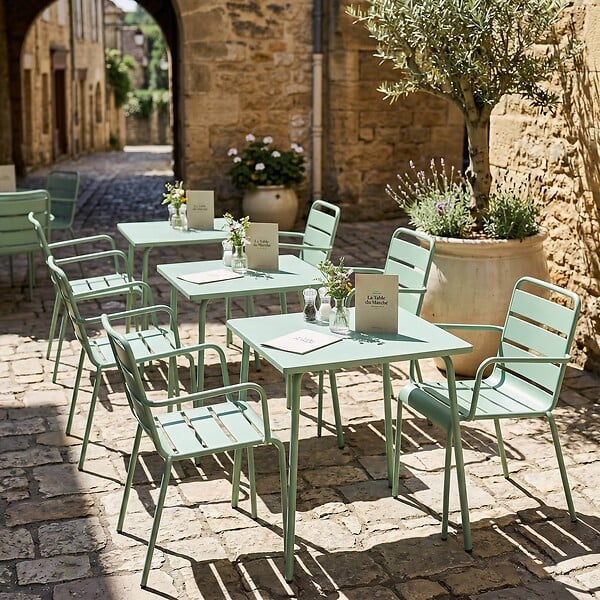 OVIALA - Ensemble table de jardin carrée et 2 fauteuils acier vert sauge - Palavas - large
