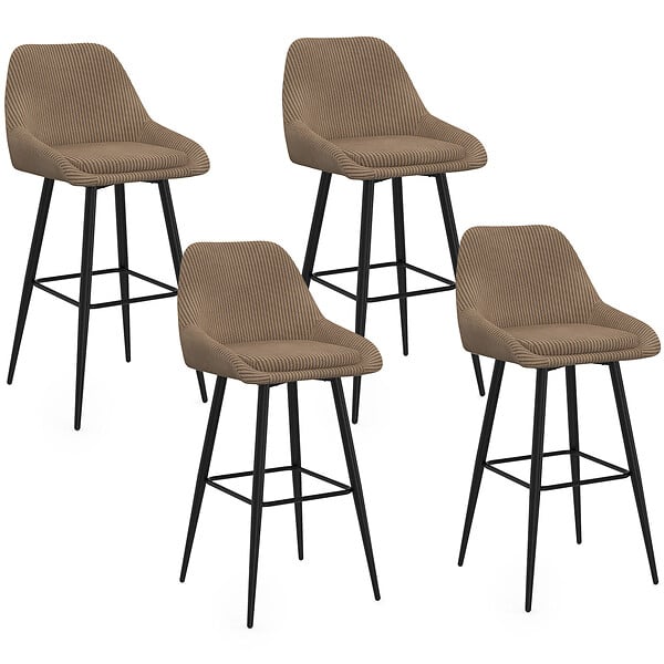 ID MARKET - Lot de 4 tabourets de bar THALYA en velours cotelé taupe avec demi-accoudoirs - large