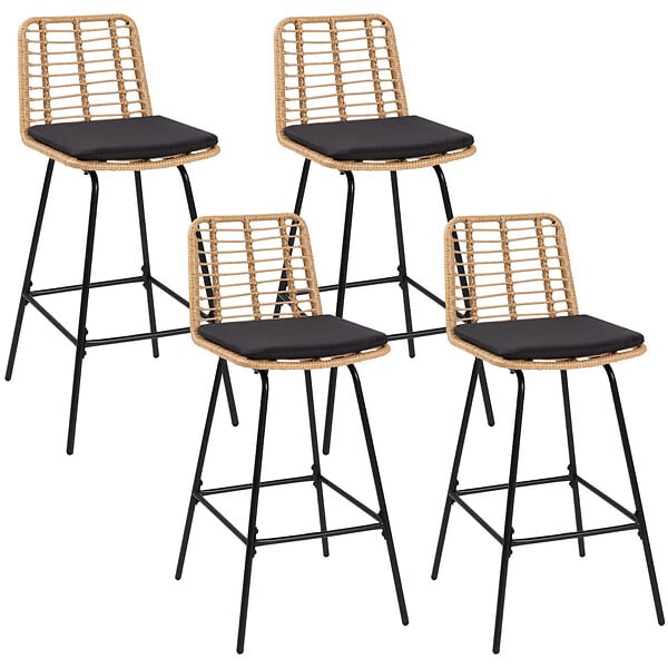 ID MARKET - Lot de 4 tabourets de bar SUMMER effet rotin pied métal noir - large