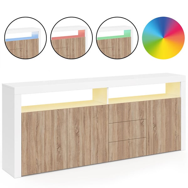 ID MARKET - Buffet 180 cm ELIGHT XXL 3 portes et 3 tiroirs avec LED et niches blanc et bois façon hêtre - large