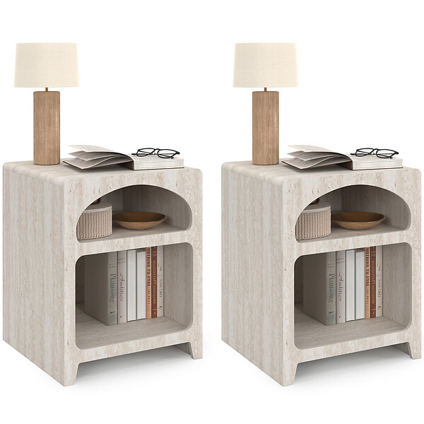 ID MARKET - Lot de 2 tables de chevets organiques ALESIA beige effet marbre 2 compartiments - large