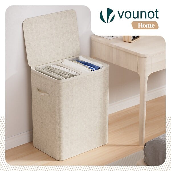VOUNOT - Panier a linge 2 compartiments et sacs amovibles auto ajustant avec couvercle 150L Beige - large