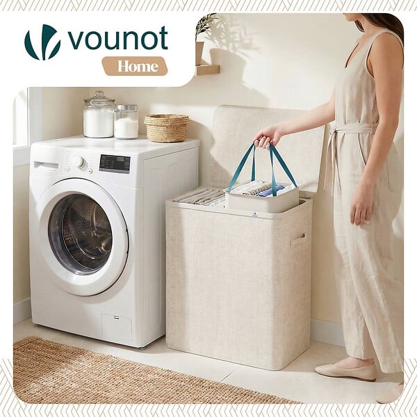 VOUNOT - Panier a linge 2 compartiments et sacs amovibles auto ajustant avec couvercle 150L Beige - large