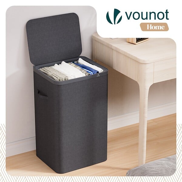 VOUNOT - Panier a linge 1 compartiment et sac amovible auto ajustant avec couvercle 90L Anthracite - large