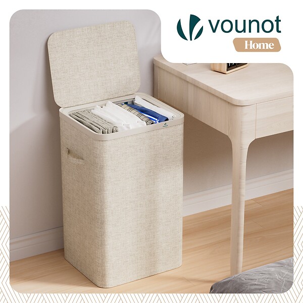 VOUNOT - Panier a linge 1 compartiment et sac amovible auto ajustant avec couvercle 90L Beige - large