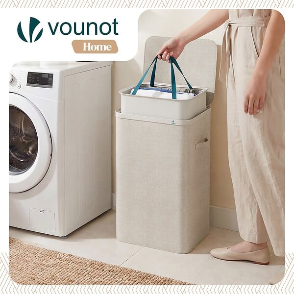 VOUNOT - Panier a linge 1 compartiment et sac amovible auto ajustant avec couvercle 90L Beige - large