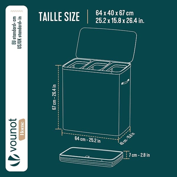 VOUNOT - Panier a linge 3 compartiments et sacs amovibles auto ajustant avec couvercle 170L Anthracite - large